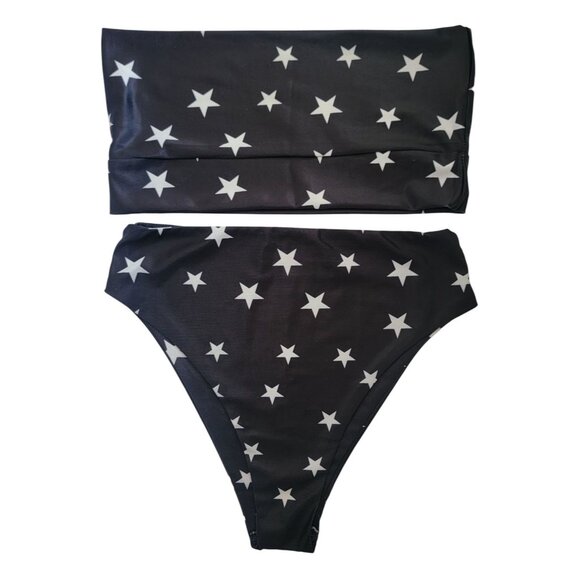 POLLY Black & White Star Print High-Waisted Strapless Bikini Set Size 8 US - Picture 1 of 9